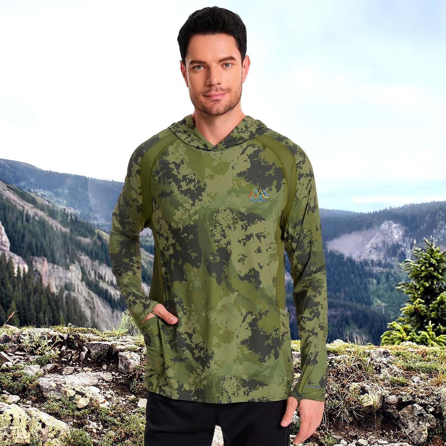 Men’s UPF 50+ Hoodie Shirt Long Sleeve Permanent UV Sun Protection Vented Tee Performance for Outdoor Hiking Fishing
