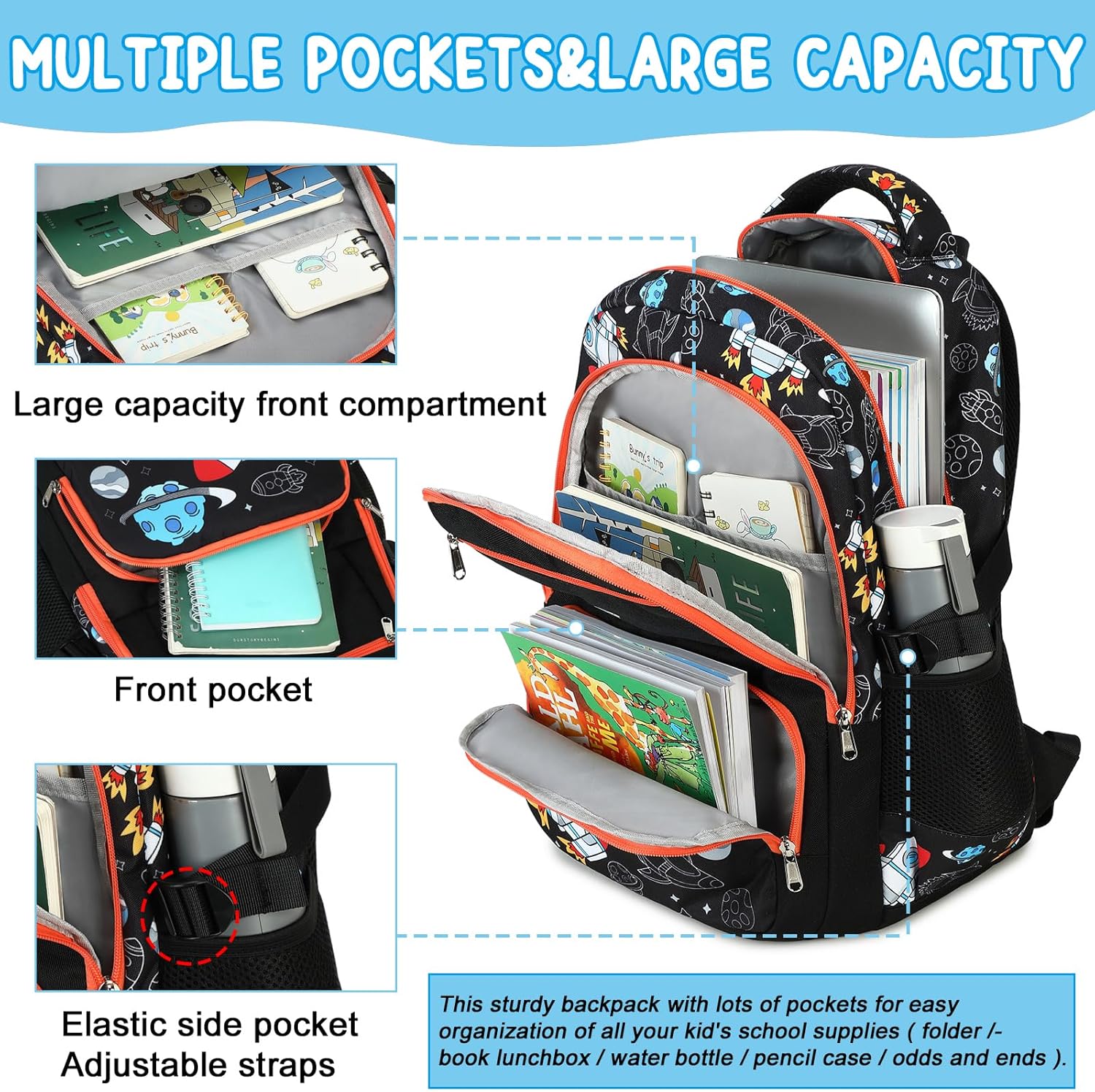 Bluboon Kids Backpack Boys Camo Bookbag Teens Elementary School Bag Daypack Travel Back Pack Middle school (Rocket Blue Planet) - Image 3