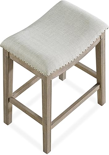 Miniatura 7 de ROME + OAK Parker Taburete de 26 pulgadas, taburete de cocina sin respaldo en acabado de roble recuperado con asiento acolchado de tela gris ceniza
