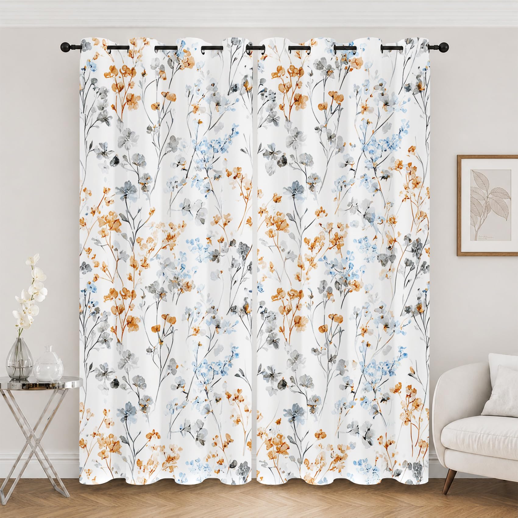Rideaux occultants gris fleur aquarelle 117x229cm isolants thermiques lot de 2