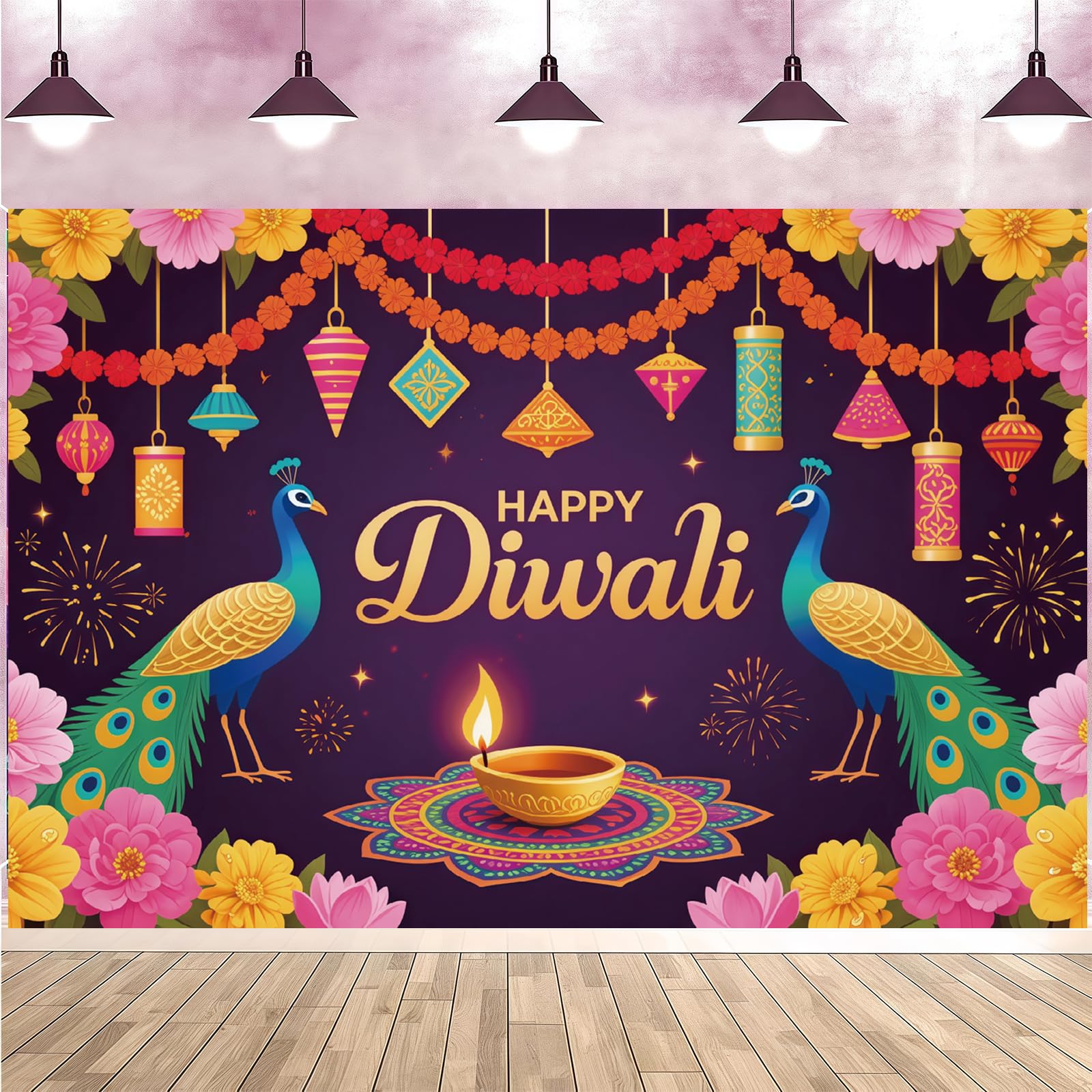 Happy Diwali Decorations Banner Festival of Lights Happy Diwali Background for Indian Deepavali Lights Diyas Party Decor Photo Booth Props 59 X 39 In