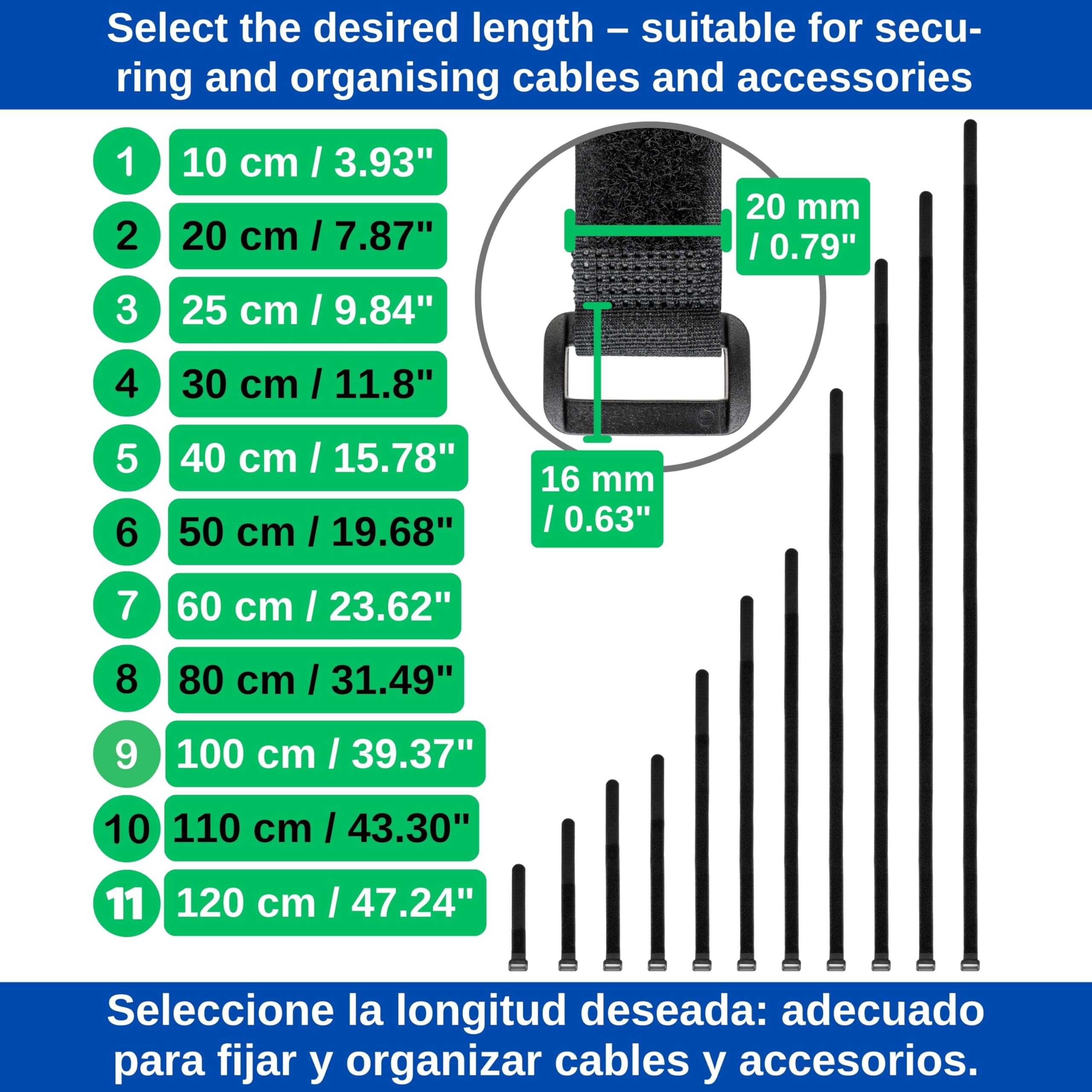 Fascette Nylon Riutilizzabili per Organizzazione Cavi, con Fibbia, 10 pz, L. 30 x H. 2 cm, Nero, in Nylon, Robusta Cinghia a Strappo, Fascetta Fermacavi Riutilizzabile, Fascette cavi