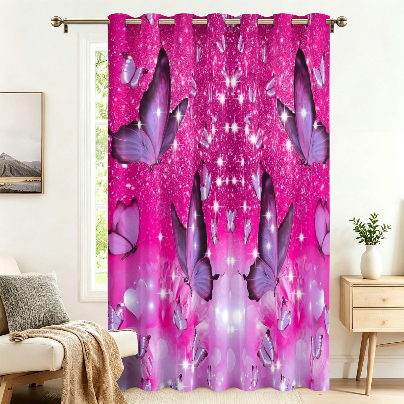 Fadaing Girls 4 Glittering Butterfly Curtains With Eyelets, 1 Piece, Room Divider Curtains, Blackout, 183 X 132 Cm, Darkening Thermal Curtains, Heat Insulating, Winter, Summer, Thermal Protection, Indoor Sun