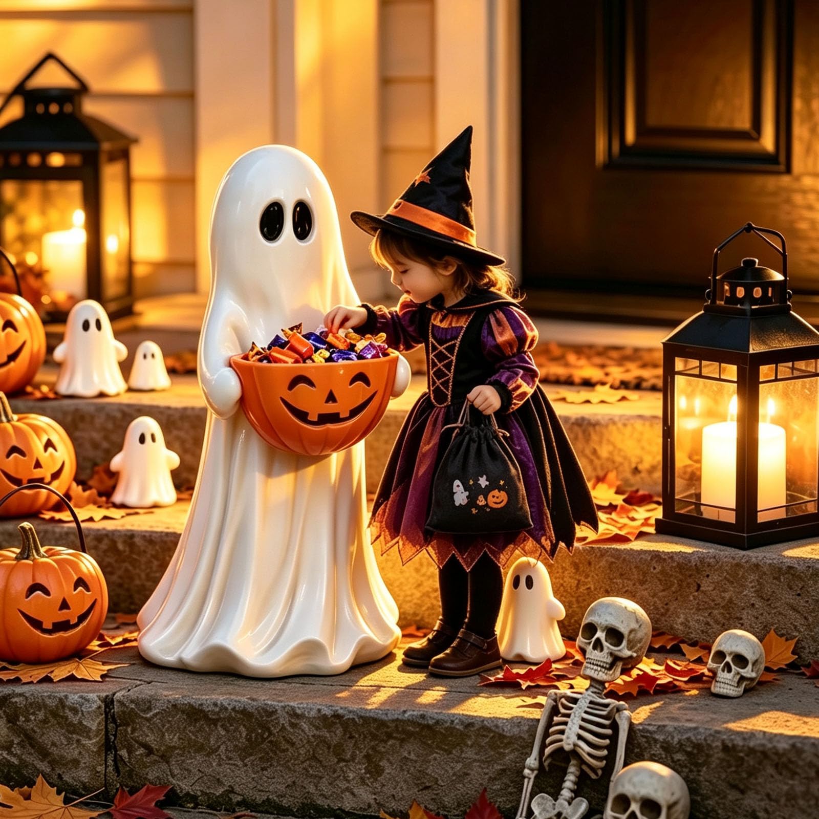 tiwuuyo Halloween Ghost Statue with Pumpkin Candy Bowl, 13.7 Inch Outdoor Resin Ghost Figurine, Trick or Treat Candy Holder Decoration for Porch Yard Patio Indoor Decor, Holiday Party Gift