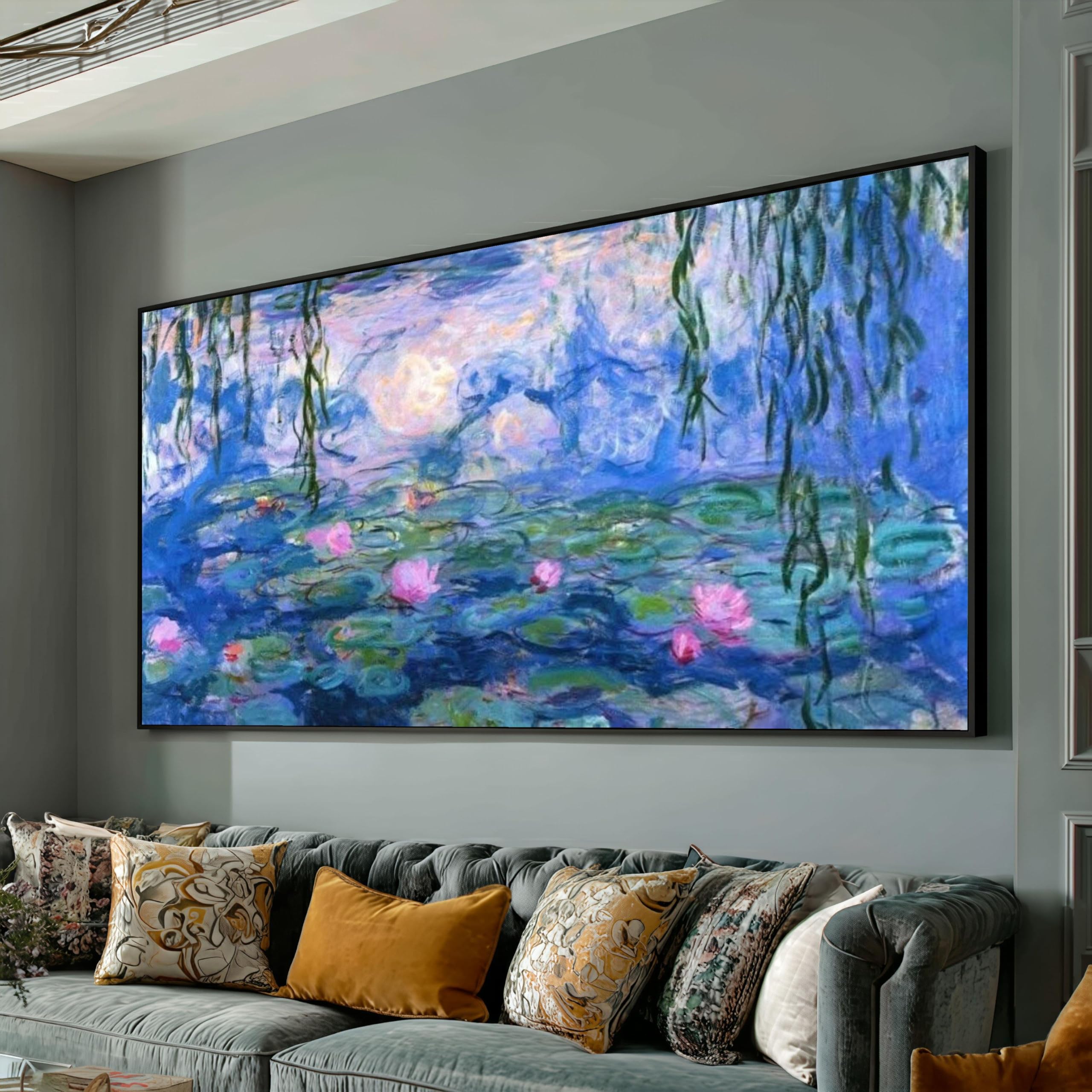 XINBAO Impresjonistyczne lilie wodne na płótnie, sztuka ścienna, estetyczny obraz kwiatowy, impresjonizm, natura, woda, ogród, mural (75 x 150 cm)