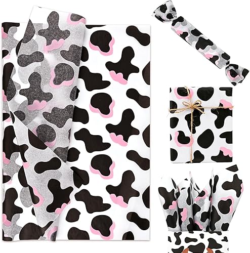 100 hojas de papel de seda con estampado de vaca de 20 x 14 pulgadas para bolsas de regalo, papel de seda rosa blanco y negro para cumpleaños, baby