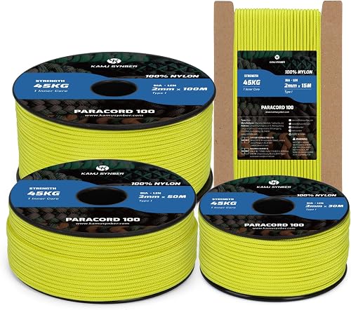 2mm Paracord 50M 100% Nylon Rope 1 Strand Type I Parachute Cord for Crafting, Outdoor, DIY, Camping | Support 45kg | Neon Yellow