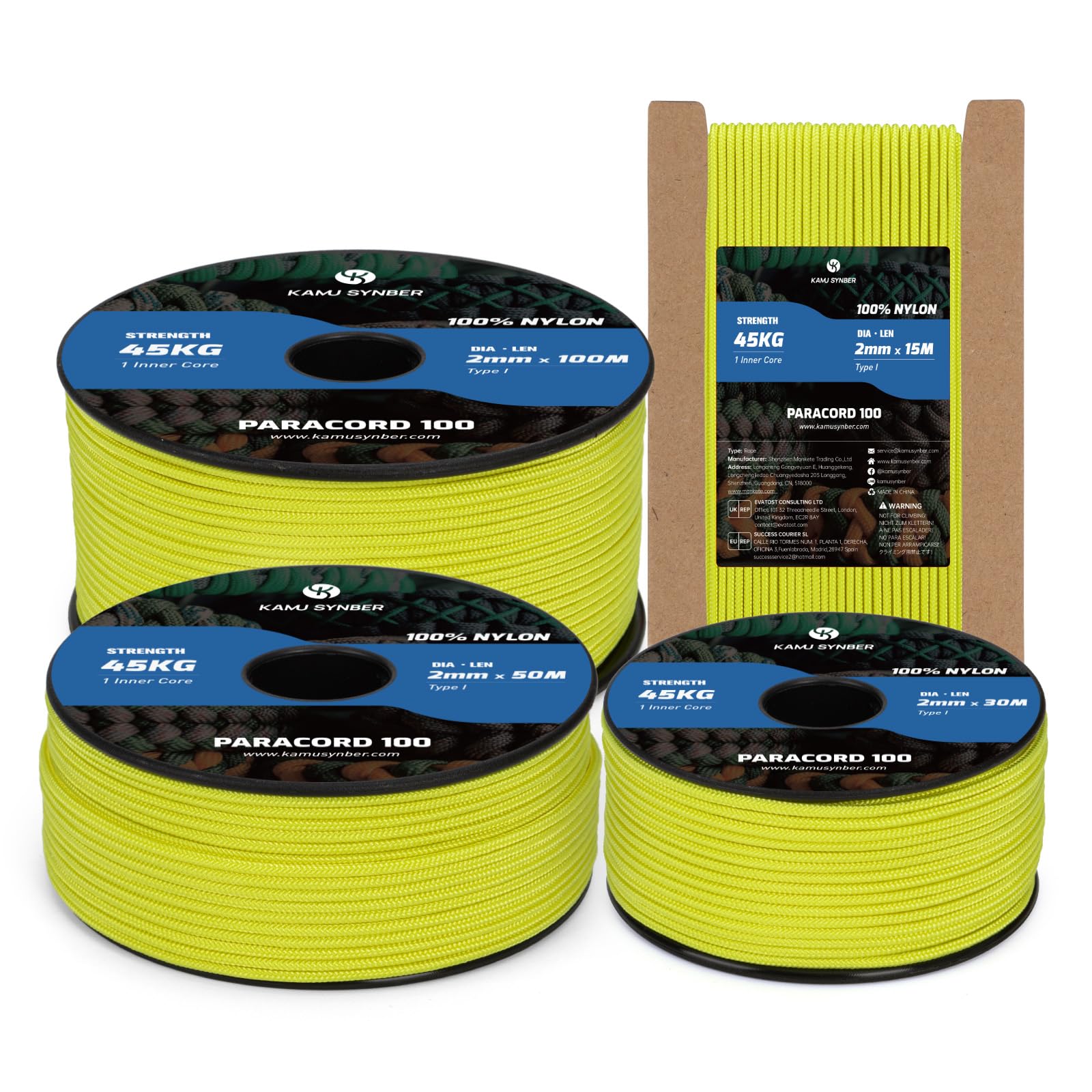 Kamu Synber 2mm Paracord 50M 100% Nylon Rope 1 Strand Type I Parachute Cord for Crafting, Outdoor, DIY, Camping | Support 45kg | Neon Yellow