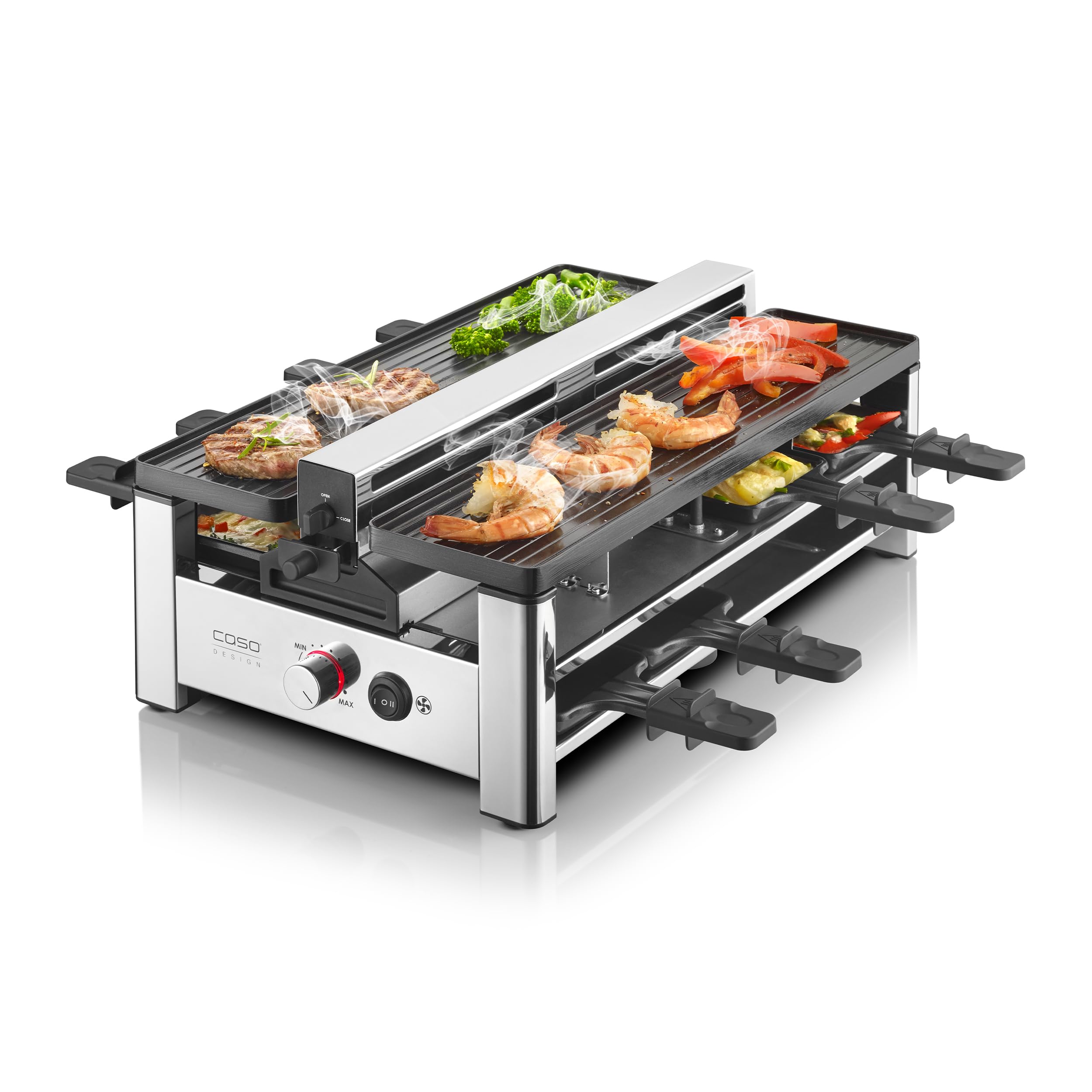 CASO Raclette AirClean - Raclettegrill mit integriertem Dunstabzug, für 8 Personen, schnelles Aufheizen, Antihaft Keramik-Beschichtung (PFAS-frei), 1500 Watt, austauschbarer Geruchs- und Kohlefilter