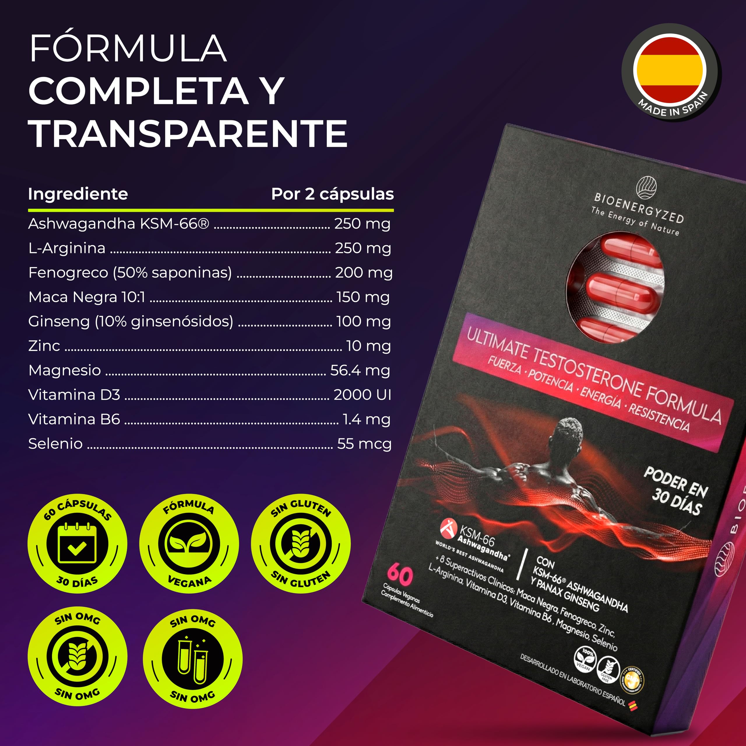 Testosterona Hombre con Maca Negra 10:1 2300 mg – Fabricado 100% en España - Ashwagandha KSM-66®, Ginseng y Zinc – Testosterona Natural Pura, Energía, Rendimiento y Fuerza