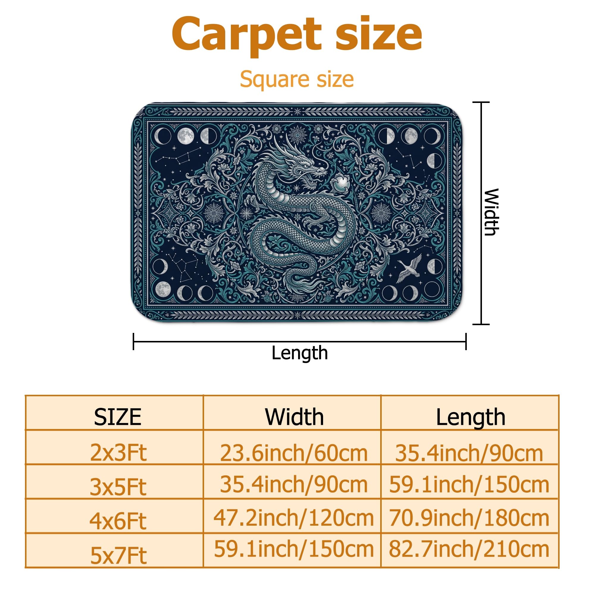 Mystischer Teppich mit himmlischen Drachen und Mondphasen, 1,5 x 2,1 m