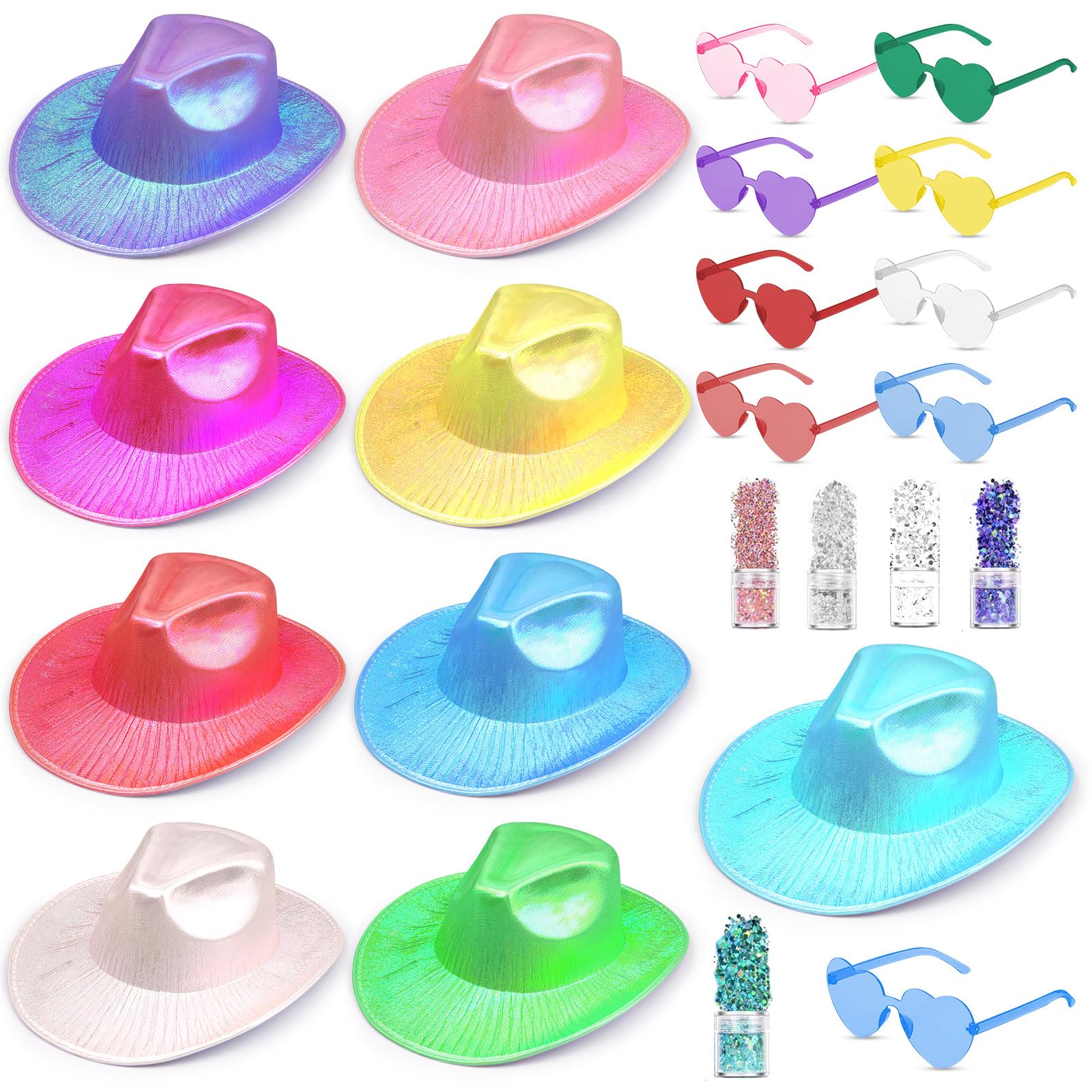 23Pcs Glitter Cowboy Hat, Fancy Dress Cowboy Party Hats Light Up Glitter Metallic Cowgirl Hat Bulk with Heart Glasses for Women Men