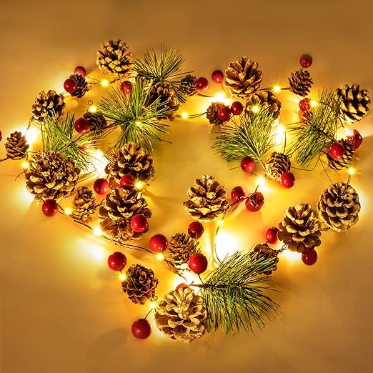 Christmas Garland with Lights, 7 FT 20 LED Red Berry