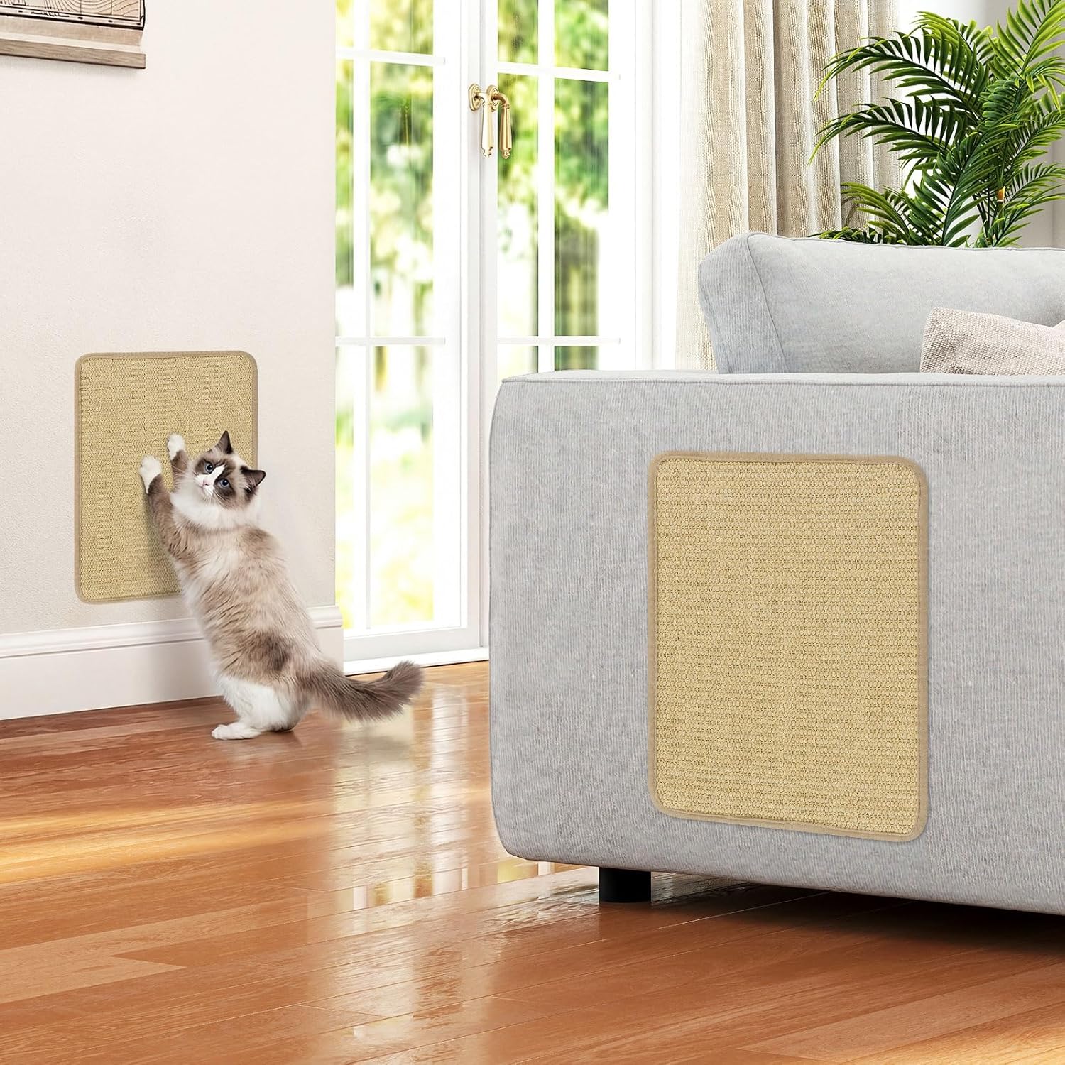 PETSITE Cat Scratcher Mat, Natural Sisal Scratching Mats, Horizontal Cat Floor Scratching Pad Rug with Adhesive Hook Loop Tapes (6, 15.75 x 11.81 in)