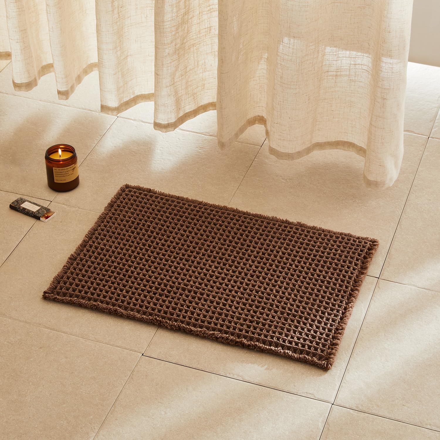 TYUU Waffle Bath Mat, Small Boho Bathroom Rugs Non Slip 24x16 Mocha