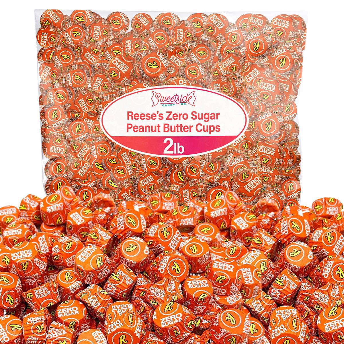Zero Sugar Peanut Butter Cups - Miniatures Peanut Bite-Size Treat Candies Encased in a Crunchy Milk Rich Chocolate Shell for a Melt in Your Mouth Snacking, 2lb Bulk Candy Individually Wrapped Bag