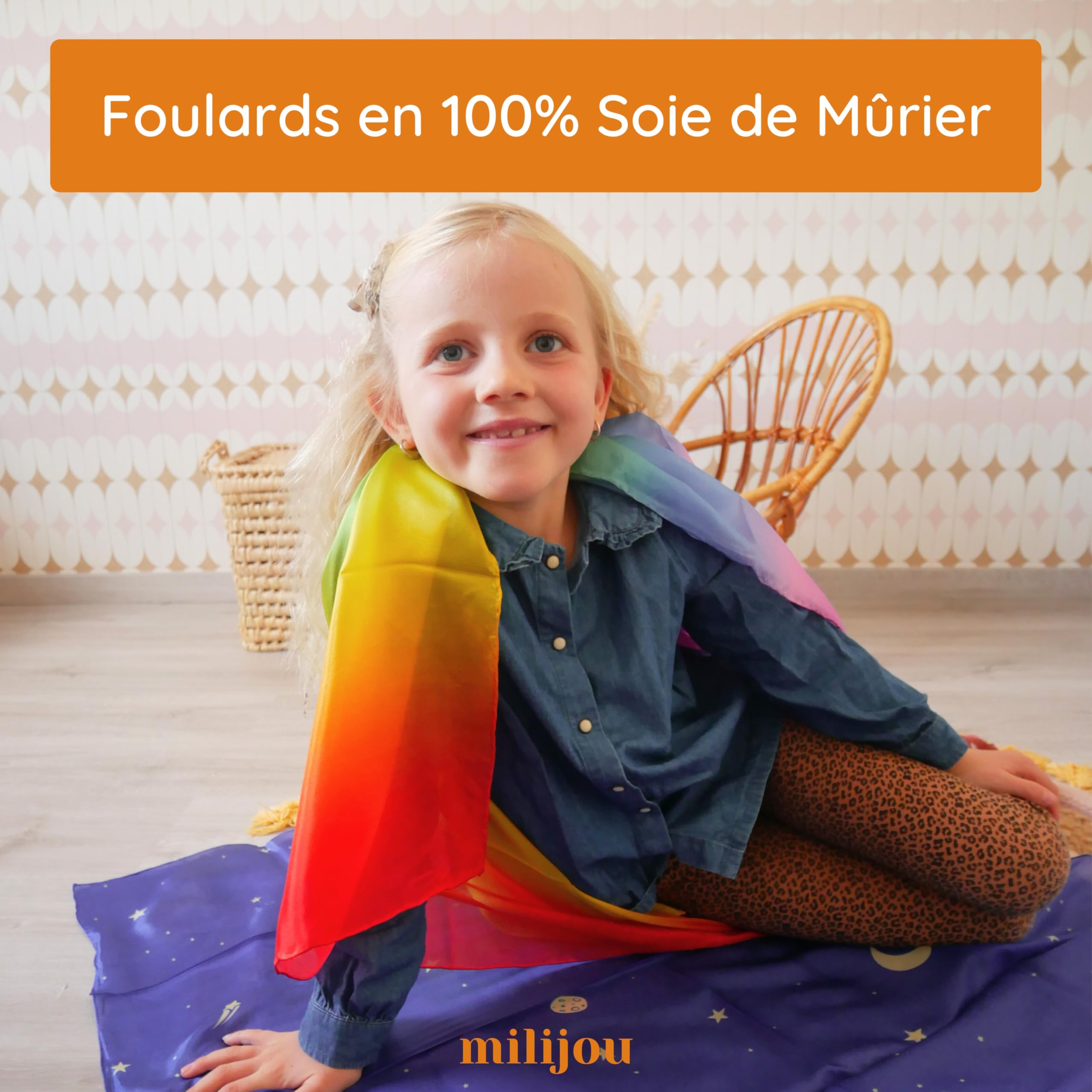 Playsilk Carré de Soie 100% Mûrier - Arc-en-Ciel - Foulard en Soie, Jeux Imaginatifs et Créatifs, Écharpes Jonglage, Foulards de Danse, Spectacle Enfants, Montessori, 90x90cm