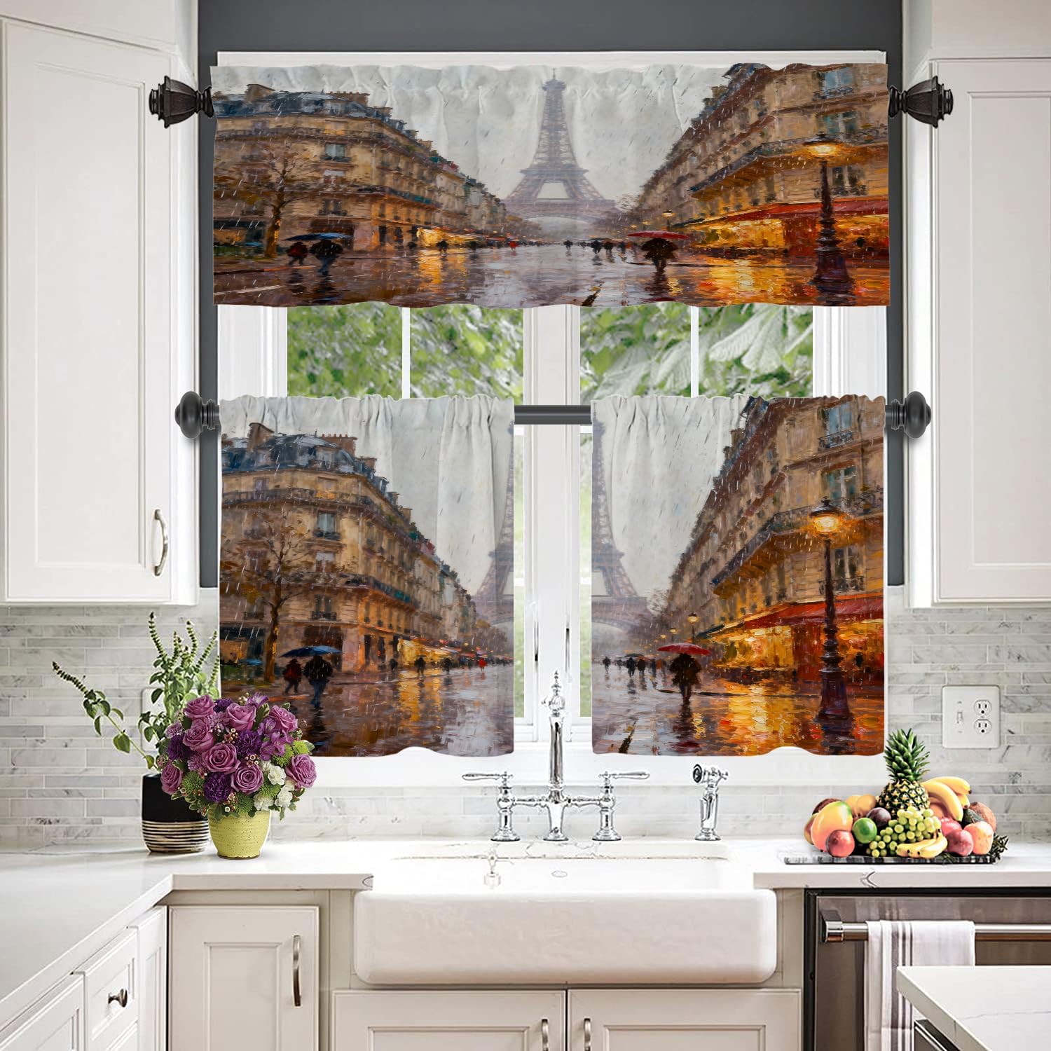 Pink Black Europe Oil Painting Kitchen Valances for Windows,Gray Modern Eiffel Tower Blackout Valances Curtains Multilayer Polyester Drapes for Kitchen Bedroom 2 Pack 52X16 Inches