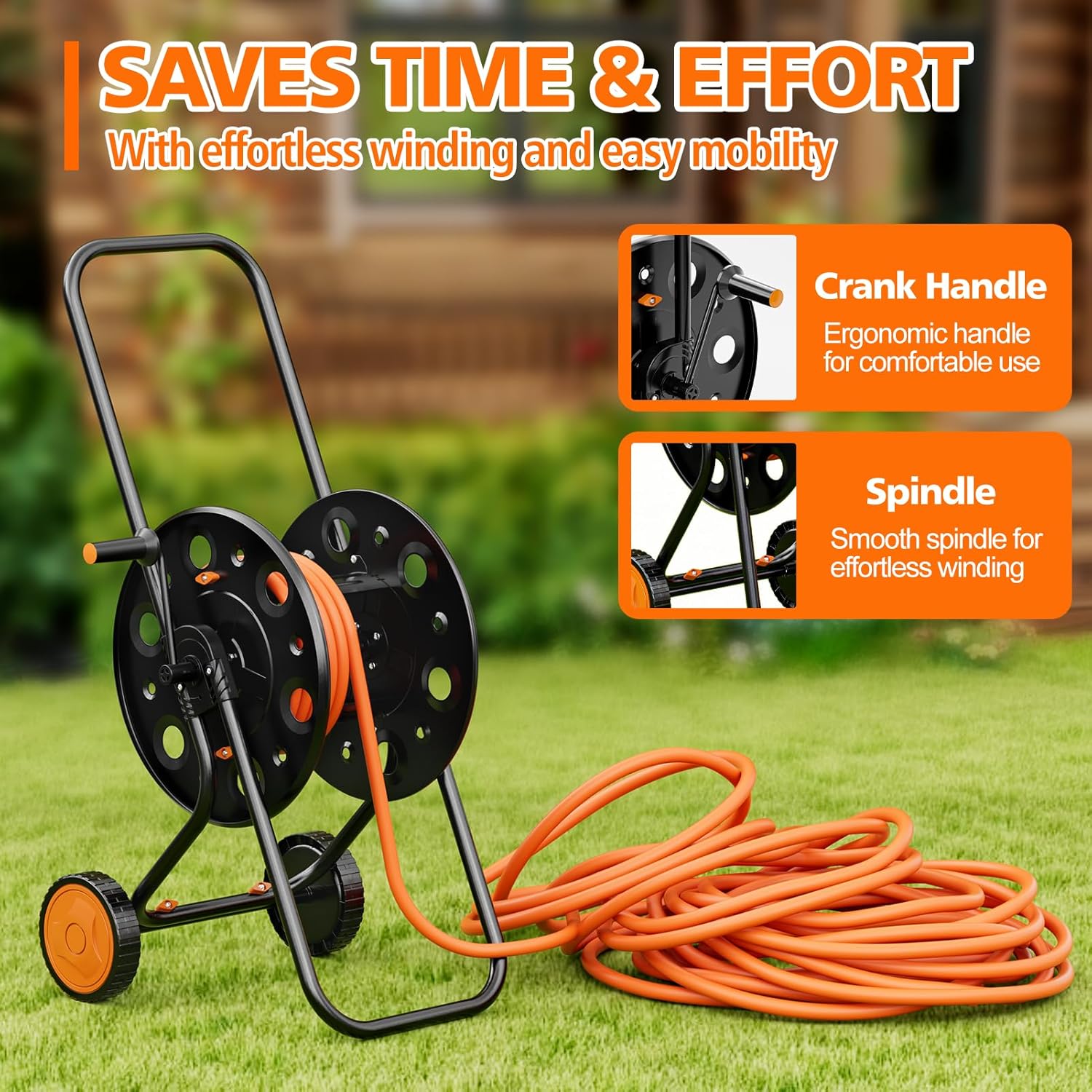 SPECILITE Garden Hose Reel Cart, Holds 75-150 Ft of Hose Storage Holder, Portable Metal Hose Caddy with Wheels, Outdoor Water Hose Reels for Car Washing and Garden Watering