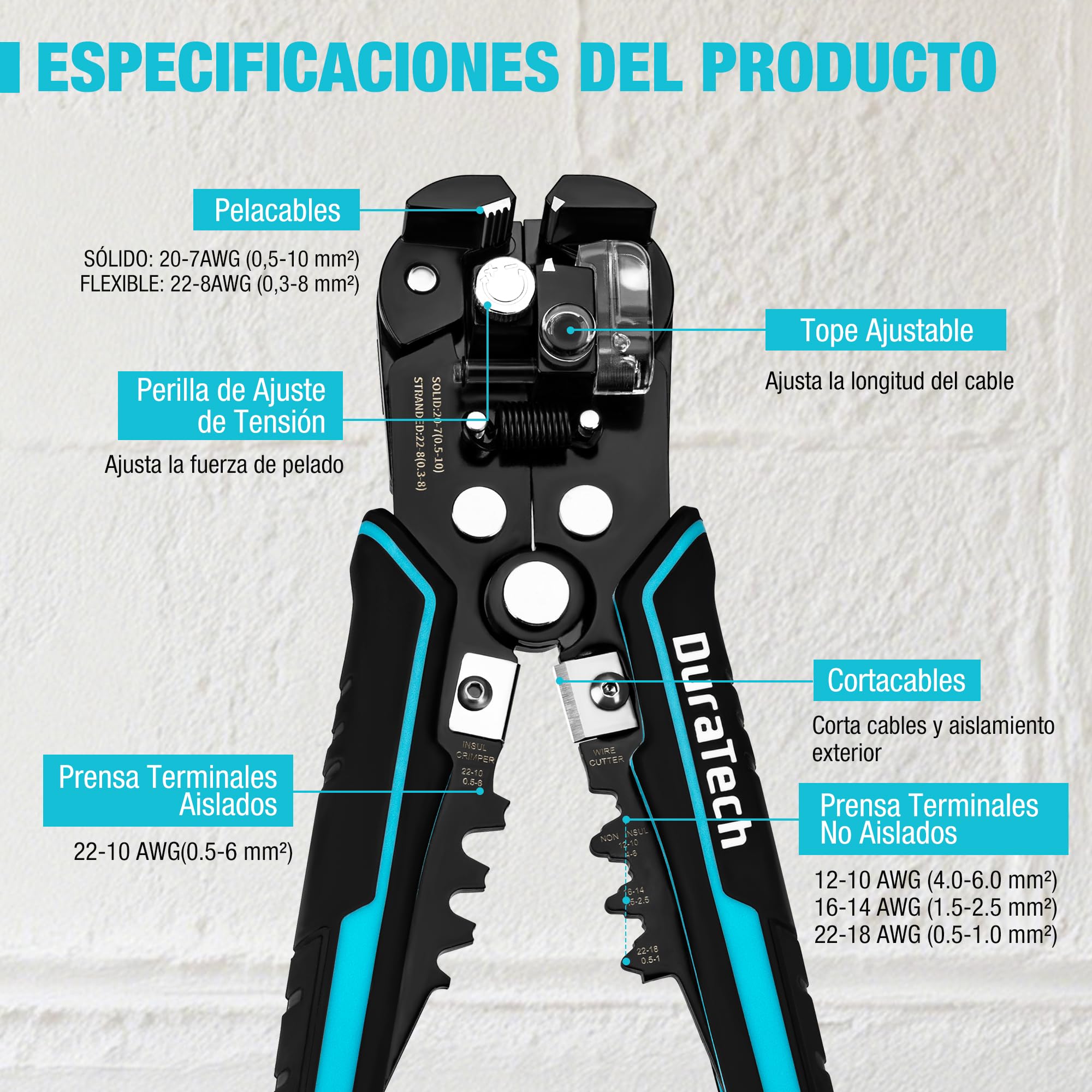 DURATECH Pelacables Automático Autoajustable 3 en 1 | Herramienta para Pelar, Cortar y Crimpar Cables de 0,5-10mm² y 0,3-8mm² para Trabajos Eléctricos