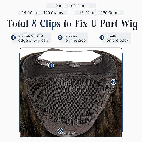 Miniatura 4 de Full Shine Peluca de cabello humano en U de color marrón degradado a rubio con reflejos en piezas de cabello humano de 20 pulgadas, pelucas de