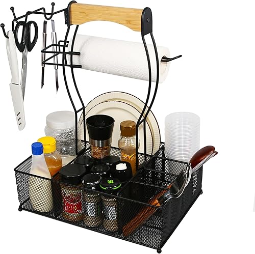 Cesta de malla para parrilla, cesta de malla con soporte para toallas de papel, organizador de picnic para condimentos de utensilios, cestas de