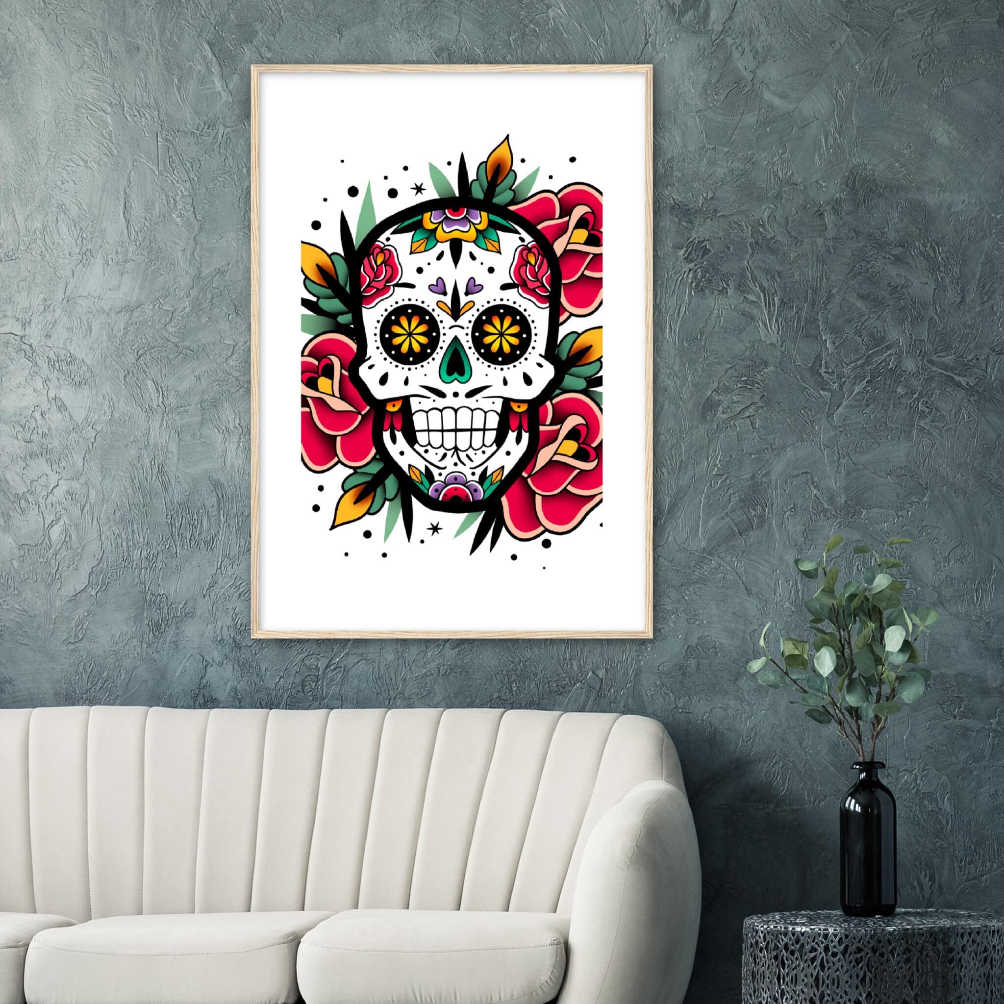 Décoration murale florale sans risque de casse impression tête de mort roses cadre bois - 7