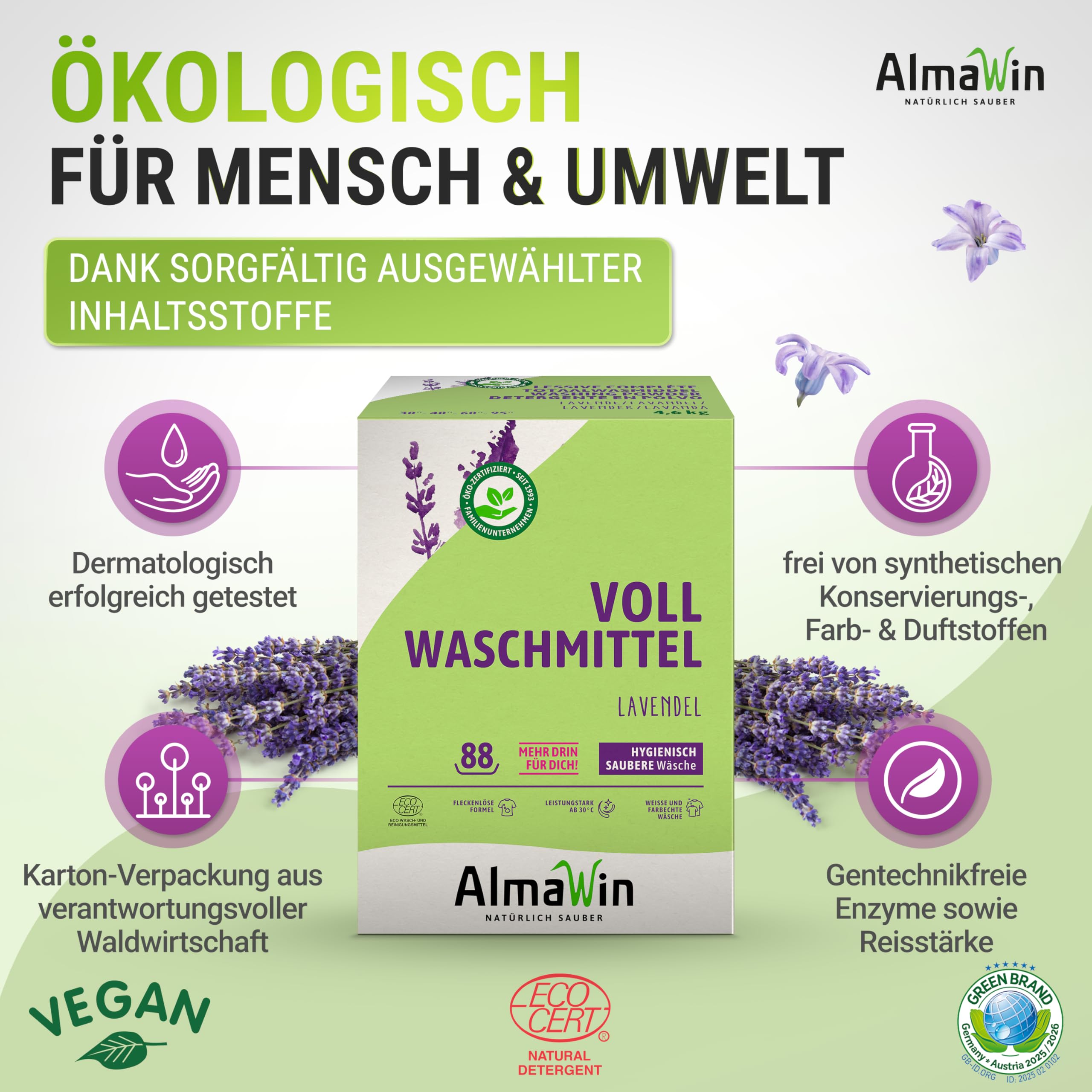 AlmaWin® Vollwaschmittel Pulver [4,6kg - 88 Ladungen] mit Lavendel-Duft für strahlende Reinheit - Waschmittel Pulver für alle weißen & farbechten Textilien [30-95°C] - Veganes Voll-Waschpulver