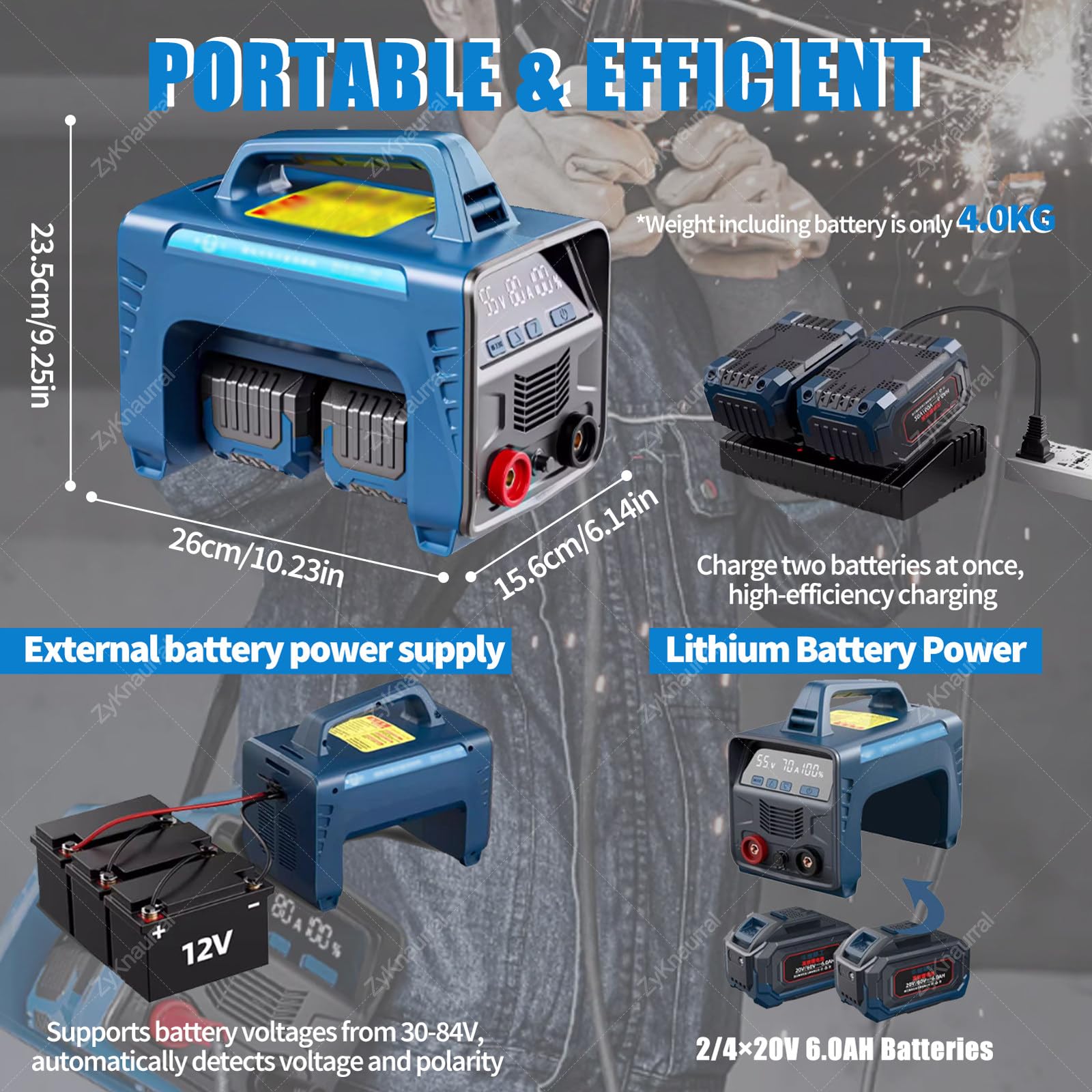 2/4 X 6000mah Bezprzewodowa Spawarka Z Wyświetlaczem LED, Mma Arc 160a Zasilana Akumulatorowo Cyfrowa Spawarka Inwertorowa Igbt Do Spawania Elektrodą Otuloną Do Prac Na Zewnątrz/Nad Głową 2Batteries