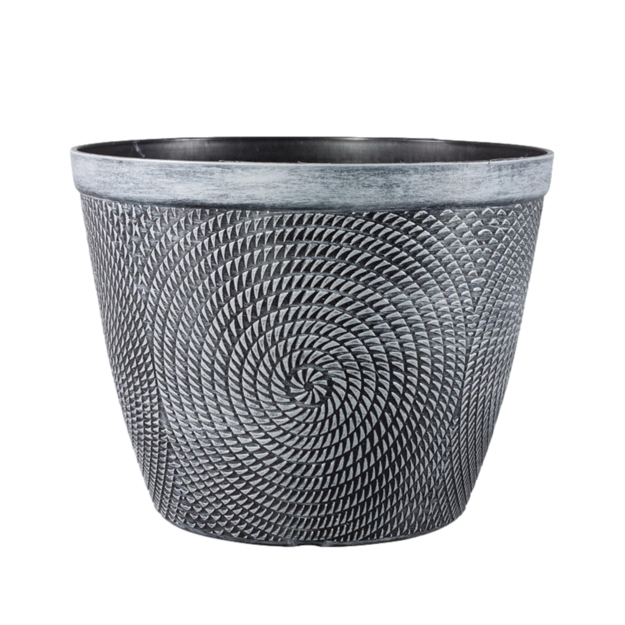Round Silver Grey Plastic Plant Pot 38cm,15inch Spiral Effect 22L Garden Indoor Outdoor Planter Cover Drainage Holes, Weather, Frost Proof Glossy Effcet (1)