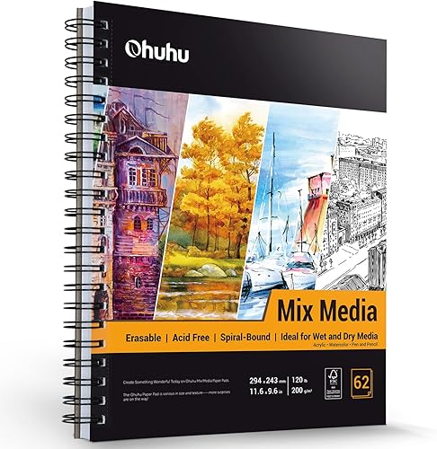Miniatura 9 de Mix Media Pad, Ohuhu - Cuaderno de bocetos (10.0 x 7.7in, 120 libras7.05ozm, 62 hojas124 páginas, encuadernado en espiral, papel mixto para