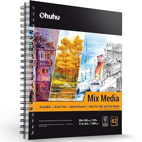 Mix Media Pad, Ohuhu Mixed Media Art Sketchbook, 120 LB/200 GSM Heavyweight Papers, 62 Sheets/124 Pages, Spiral Bound Mixed Media Paper Pad for Christmas Gift - 11.6×9.6 IN