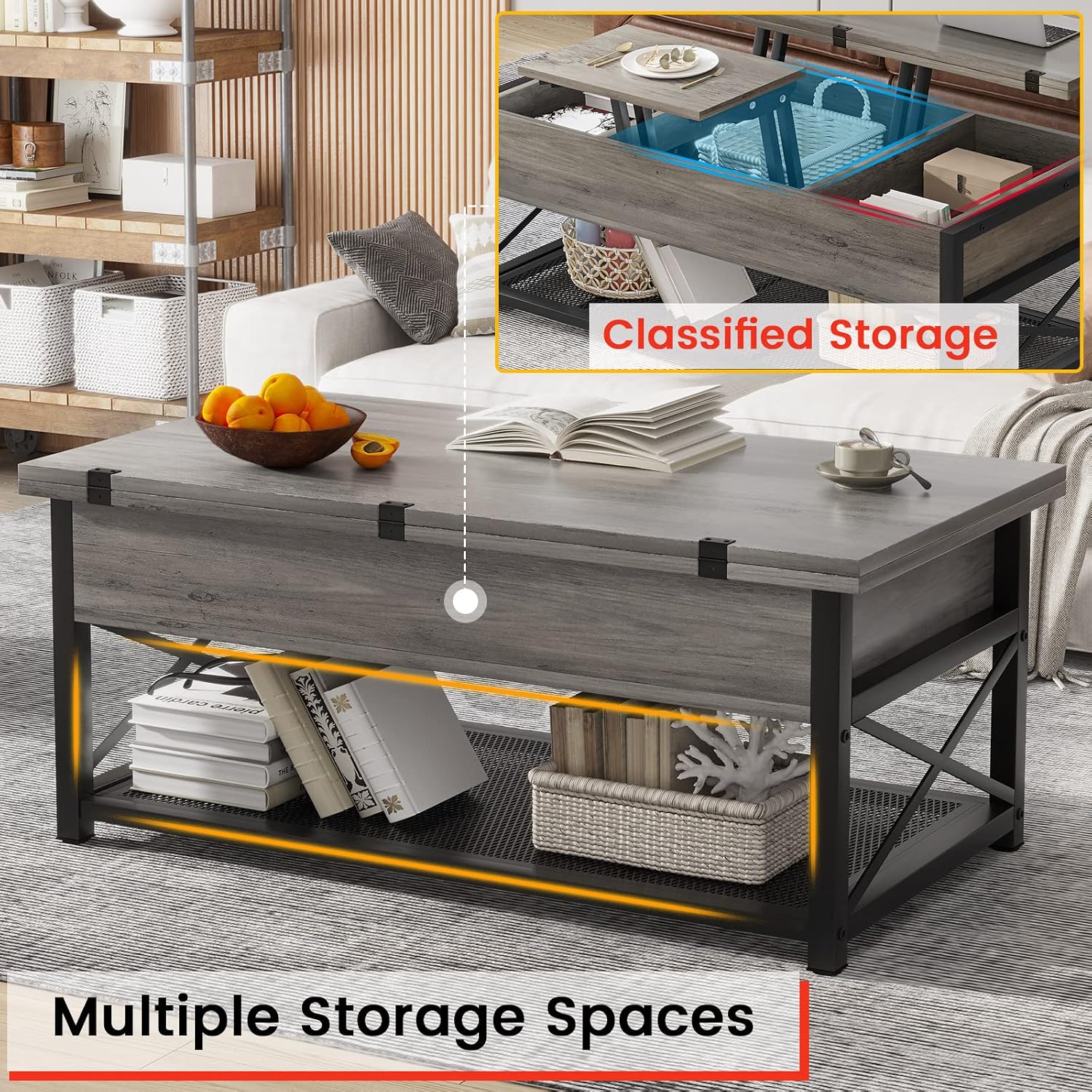 Itaar 43" Lift Top Coffee Table, 3 in 1 Multi-Function Coffee Table with Storage for Living Room, Small Coffee Table for Dining Reception Room, Grey.