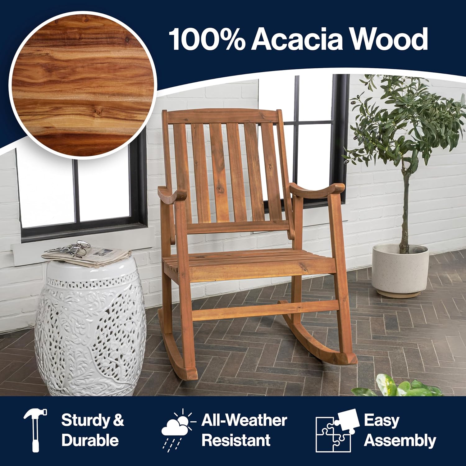 JONATHAN Y RCK102A Penny Classic Slat-Back 300-Lbs Support Acacia Wood Patio Outdoor Rocking Chair for Garden, Lawn, Backyard, Pool, Deck, Beach, Firepit, Teak