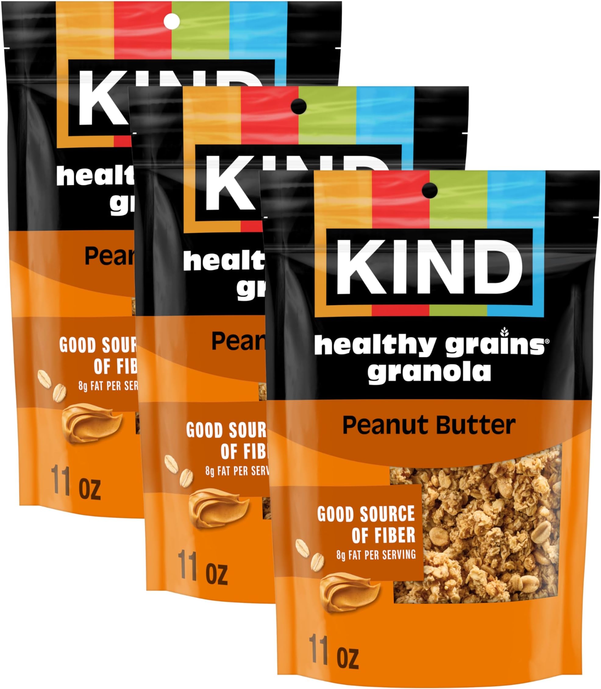 Kind Healthy Grains Granola, Peanut Butter Clusters, Gluten Free, Healthy Snack Mix, 10g Protein, 11oz, 3 Count