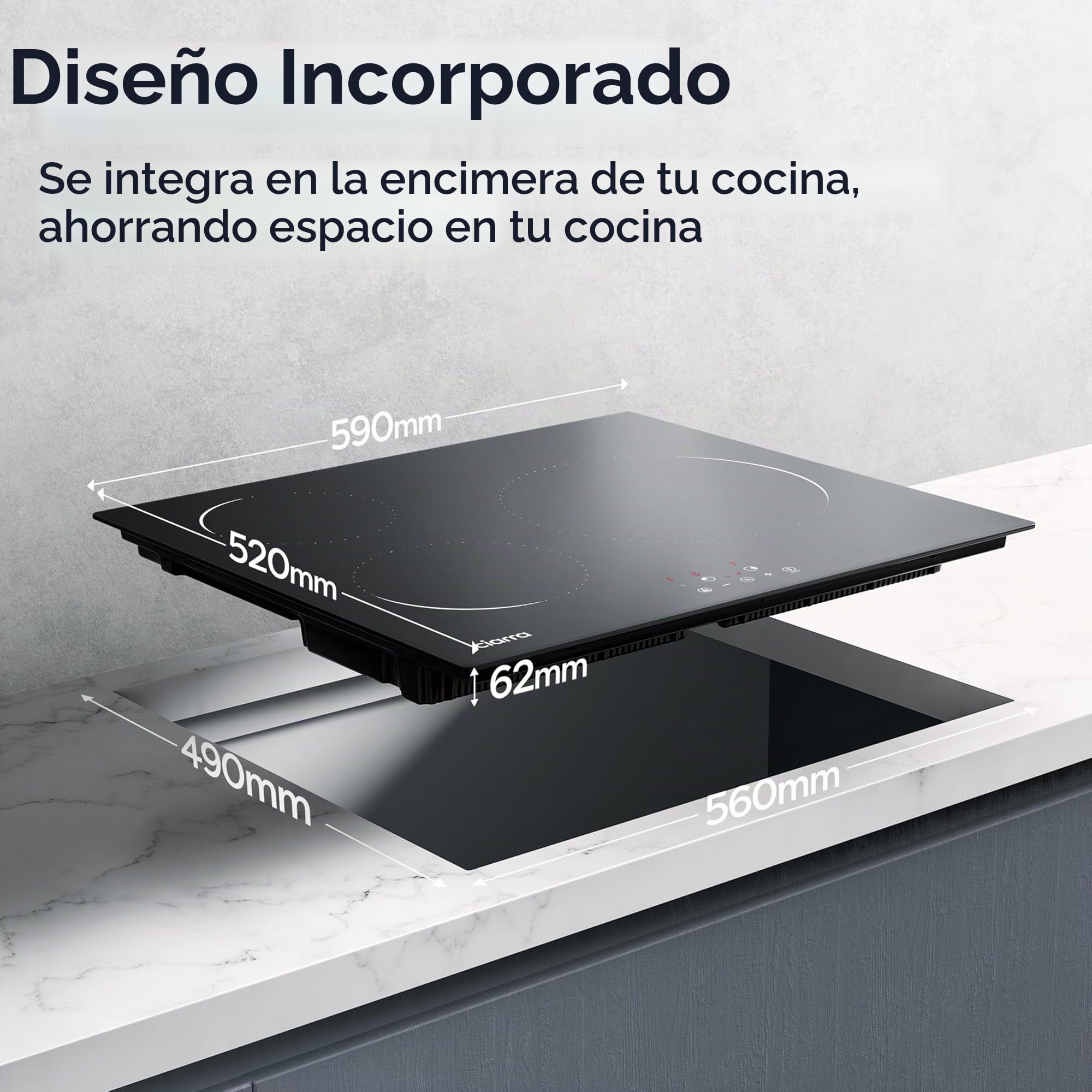 Ciarra CABBIH3-C Placa Induccion 3 Fuegos 60cm, Bloqueo Infantil | Limitador de potencia 2.8kW/3.5kW/5.6kW, Control táctil, 9 Niveles, Temporizador, Apagado Automático