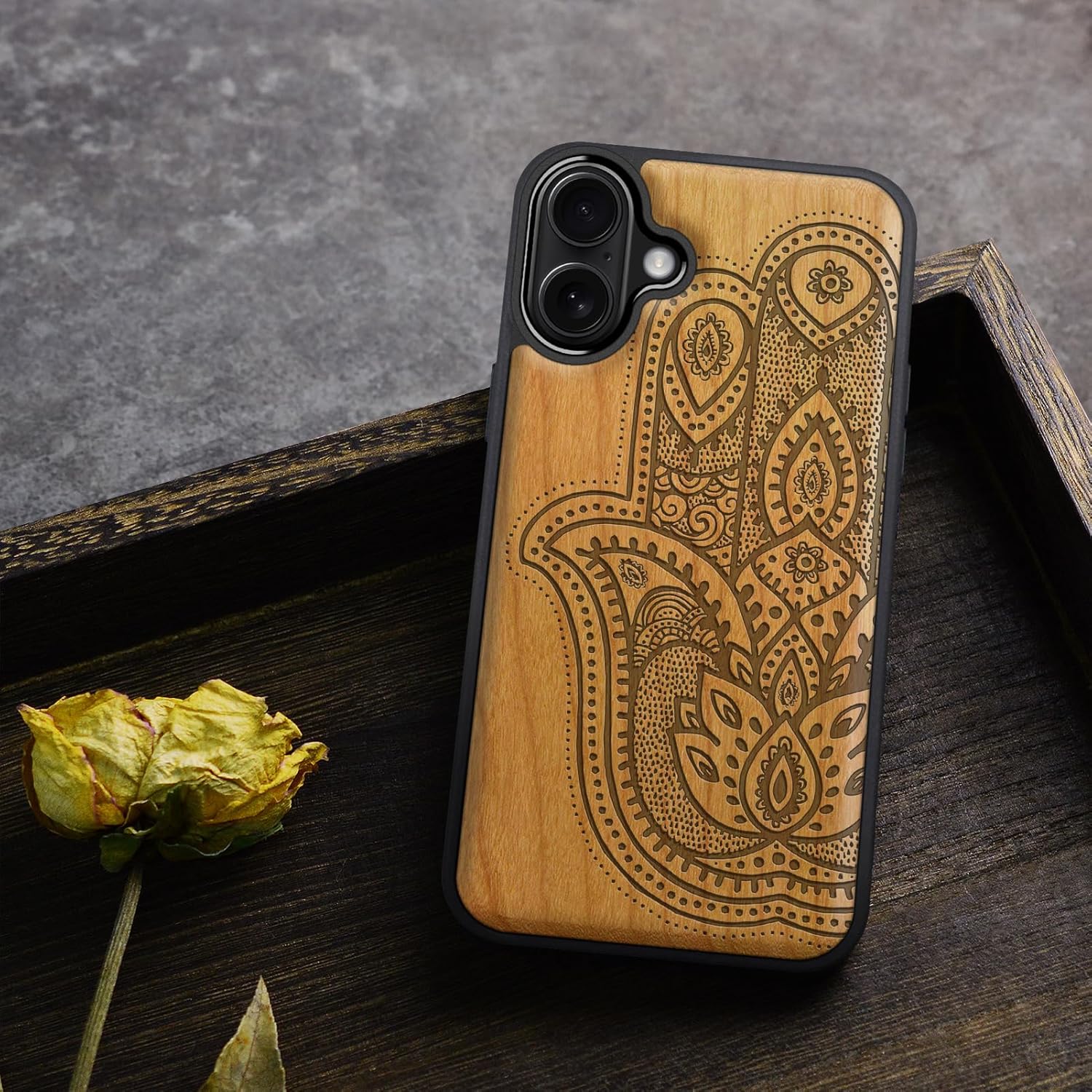 Carveit Magnetic Wooden Case for iPhone 17 Case, Wood Artisan Engraved & Black Soft TPU Shockproof Cover, Compatible with MagSafe Wireless Chargers (Hamsa Hand) Cherry