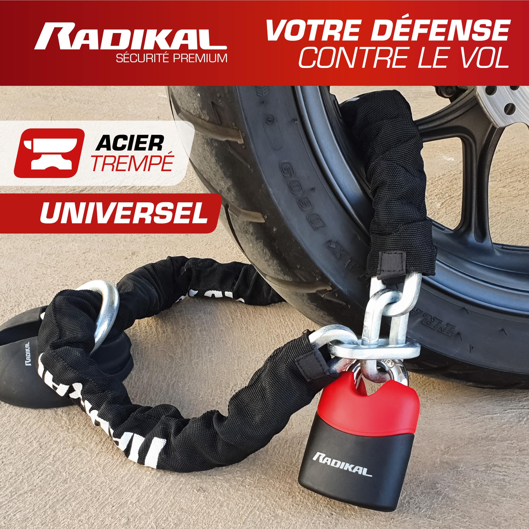 RADIKAL RK4170 Antivol Moto, Chaîne Haute Sécurité en Acier Cémenté ø10mm, Cademas Double Verroullage, Polyvalent pour Portes Ancrage Garage Scooter Vélo Électrique,170cm