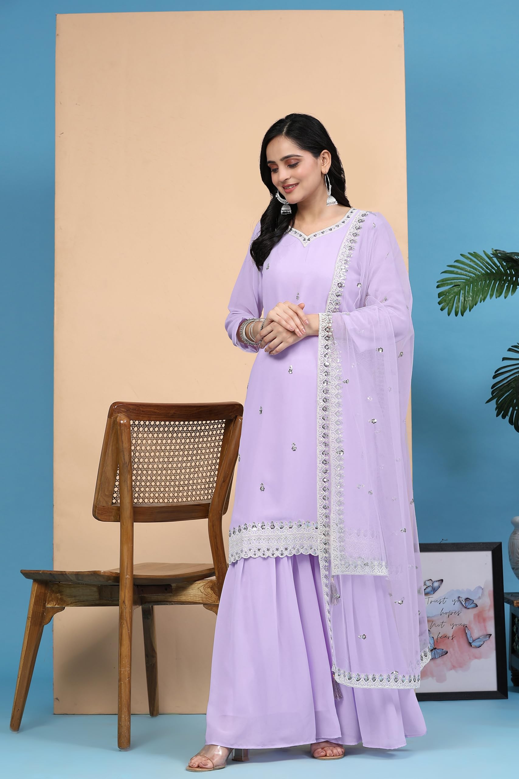 TRENDMALLS Damen Georgette Stickerei Arbeit Kurta Sharara Set mit Dupatta Kurta Set für Frauen