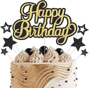 Happy Birthday Cake Toppers for Men, Black Gold Birthday Cake Topper | Glitter Decorations Supplies for Party, HBD Decorations