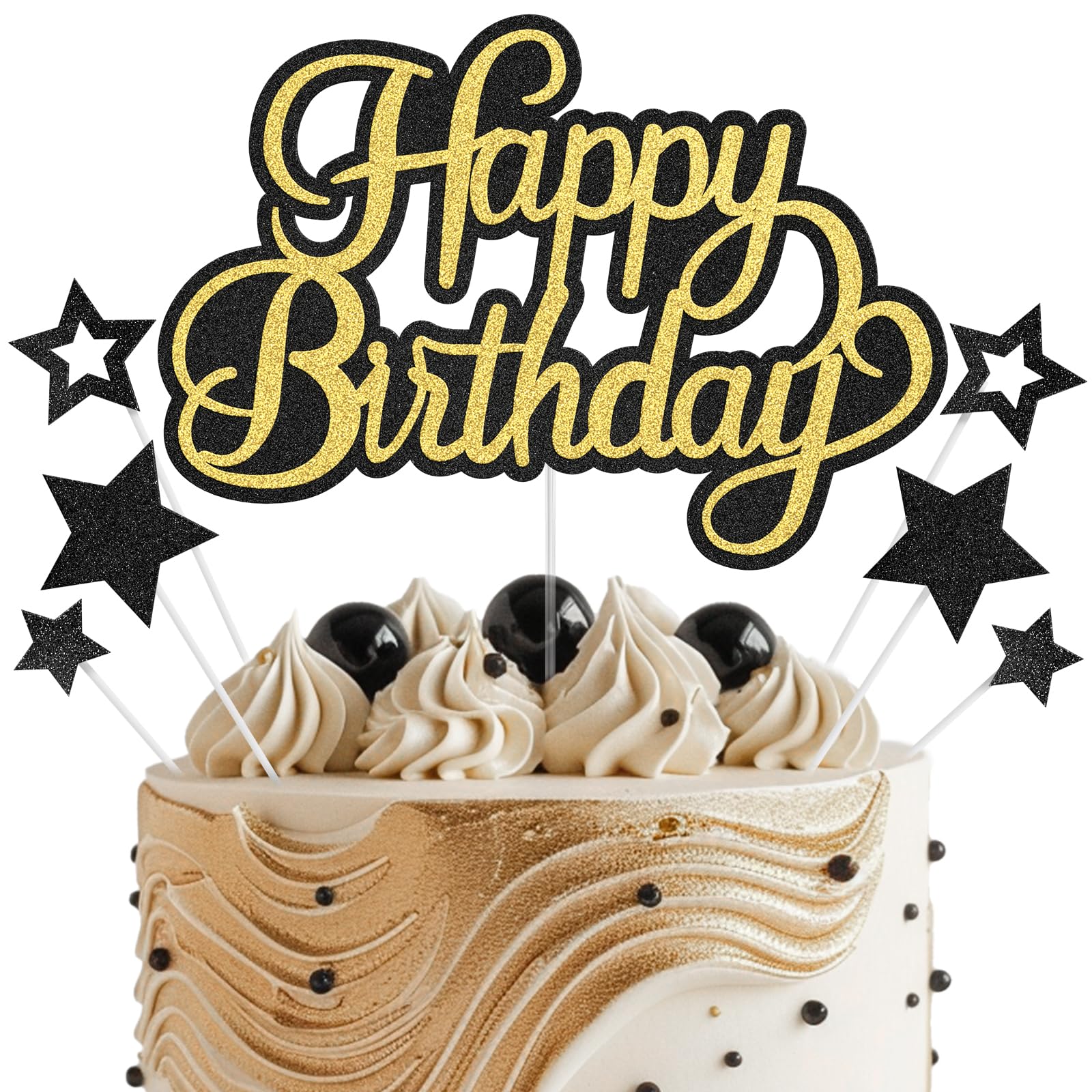 Happy Birthday Cake Topper, Glitter Cake Decoration for Birthday Party, Theme Party Cake Decorations Supplies for Boy Girl Men Women, Black Gold
