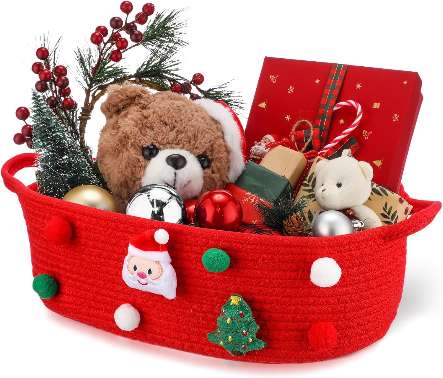 3 Pack Christmas Gift Basket Empty 15 x 9.9 x 5.1 Inch Santa Red Christmas Storage Bin with Handles, Woven Cotton Rope Basket for Gifts Holiday Treats Party Supplies, Home Xmas Decorations