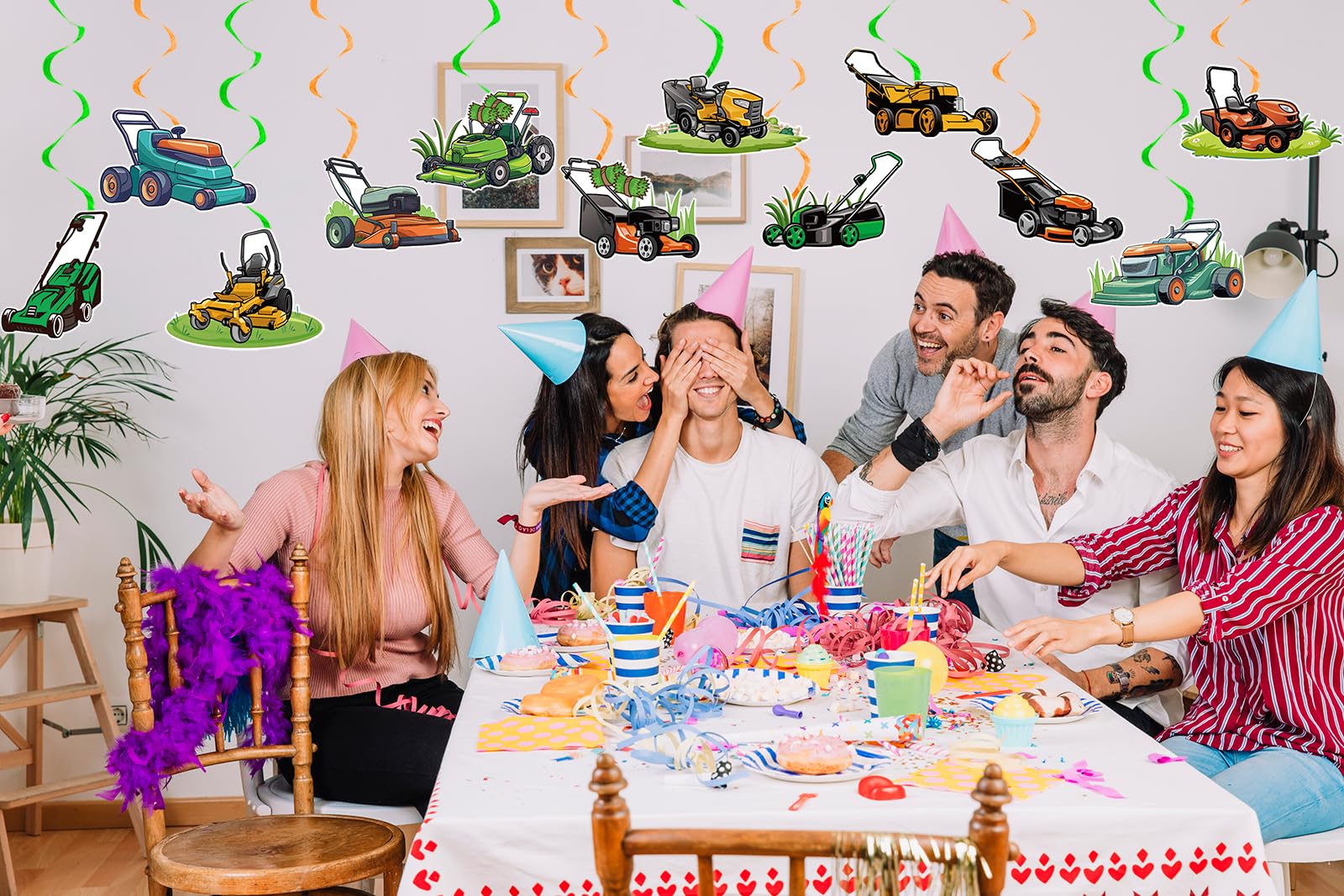 24 piezas de decoraciones colgantes para cortacésped, remolinos colgantes, remolinos de techo, cortadora de césped, suministros de fiesta de cumpleaños para cortacésped, decoración de fiesta, granja,