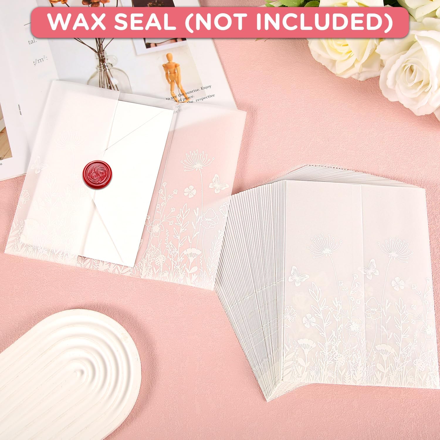 50pcs Pre-Folded Vellum Jacket for 5x7in Invitations, Floral Vellum Paper Translucent Invitation Sleeve Wraps for Wedding Baby Shower Birthday Greeting Cards
