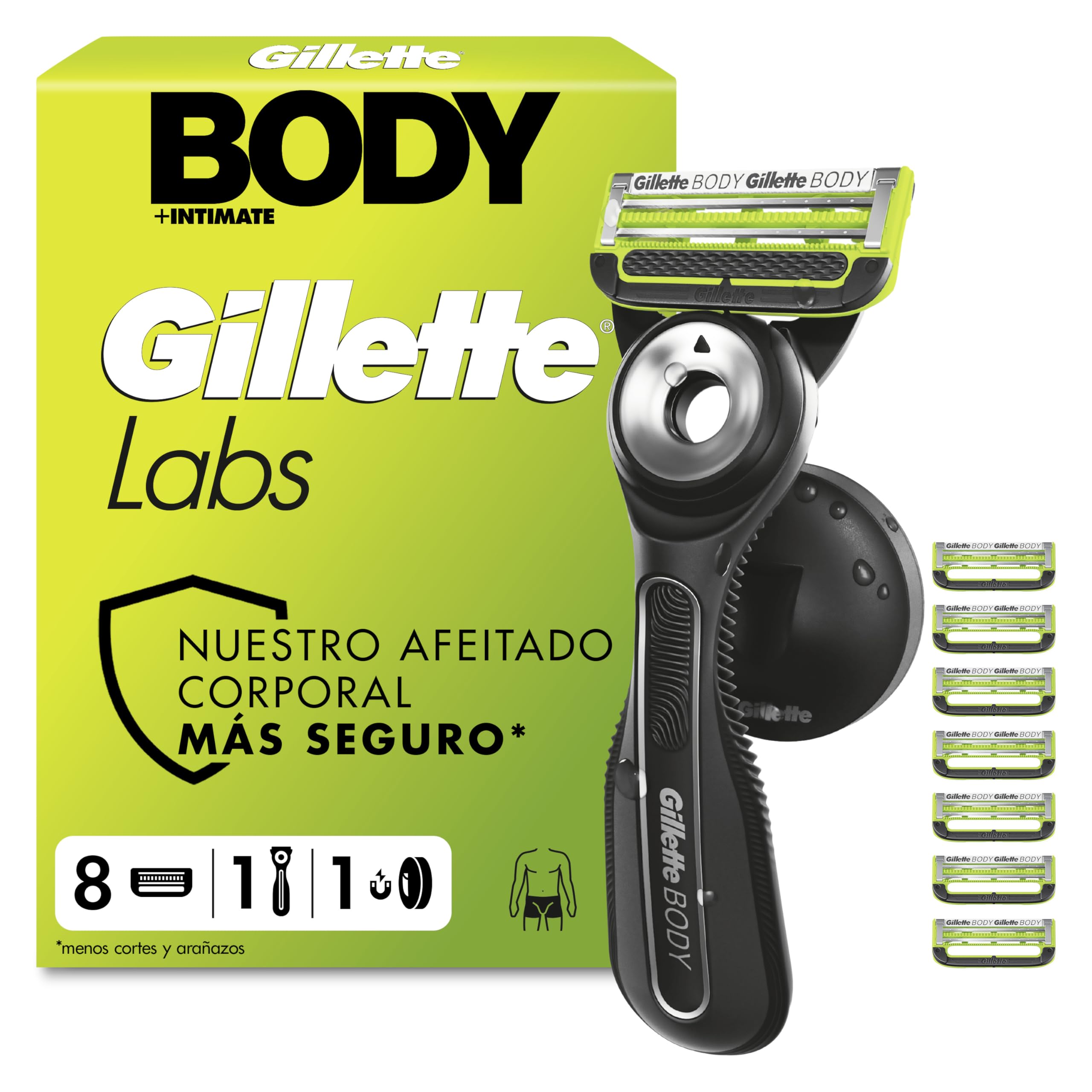 GilletteLabs Body + Intimate Maquinilla Corporal Hombre, 8 Recambios | Mango de Caucho, Cuchilla con Barra Anti-vellos Encarnados, Soporte Magnético, Depilación Íntima, Afeitado Corporal Masculino