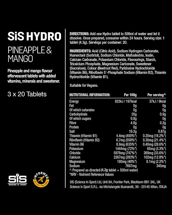 Science in Sport Hydro Electrolyte Tablets - Four Key Electrolytes and B Vitamins - Sugar-Free, Vegan & Gluten-Free Sports Hydration - Pineapple & Mango - 20 Effervescent Tablets (Pack of 3)