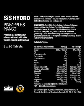 Science in Sport Hydro Electrolyte Tablets - Four Key Electrolytes and B Vitamins - Sugar-Free, Vegan & Gluten-Free Sports Hydration - Pineapple & Mango - 20 Effervescent Tablets (Pack of 3)