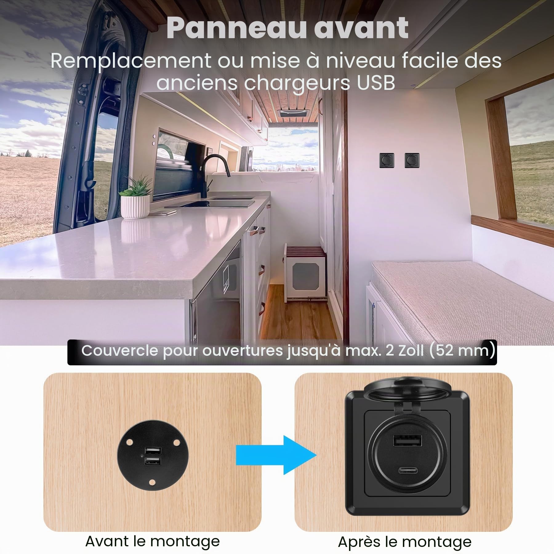 Prise USB 12v, Aluminium PD3.0 30W + QC3.0 18W & Dual Port Socket, sortie de charge rapide USB en 12V avec plaque frontale noire, idéal pour RV, bateau, caravane, remorque de camper