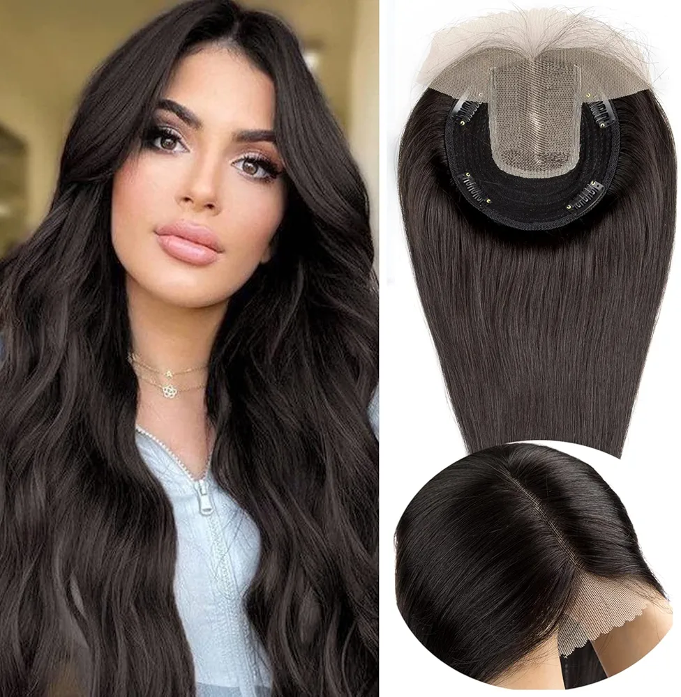 Human Hair Topper for Women Thinning Hair 150% Density Hand Made Toupee with lace front 100% Real Human Hair Clip in Hair Pieces Mono Base 14 * 15cm by Originea (12”-70g, 1B Natural Black)