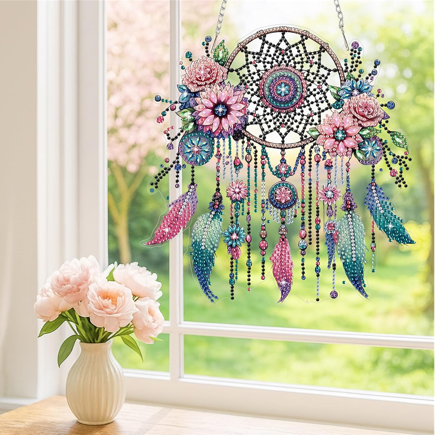 DIYDeligths DIY Diamond Art Painting Dream Catchers Pendant Hanging Ornament for Adults with Accessories Double-Sided Pattern Single Sided Dot-Drill Pendant Window Garden Decor (Flower Feather)